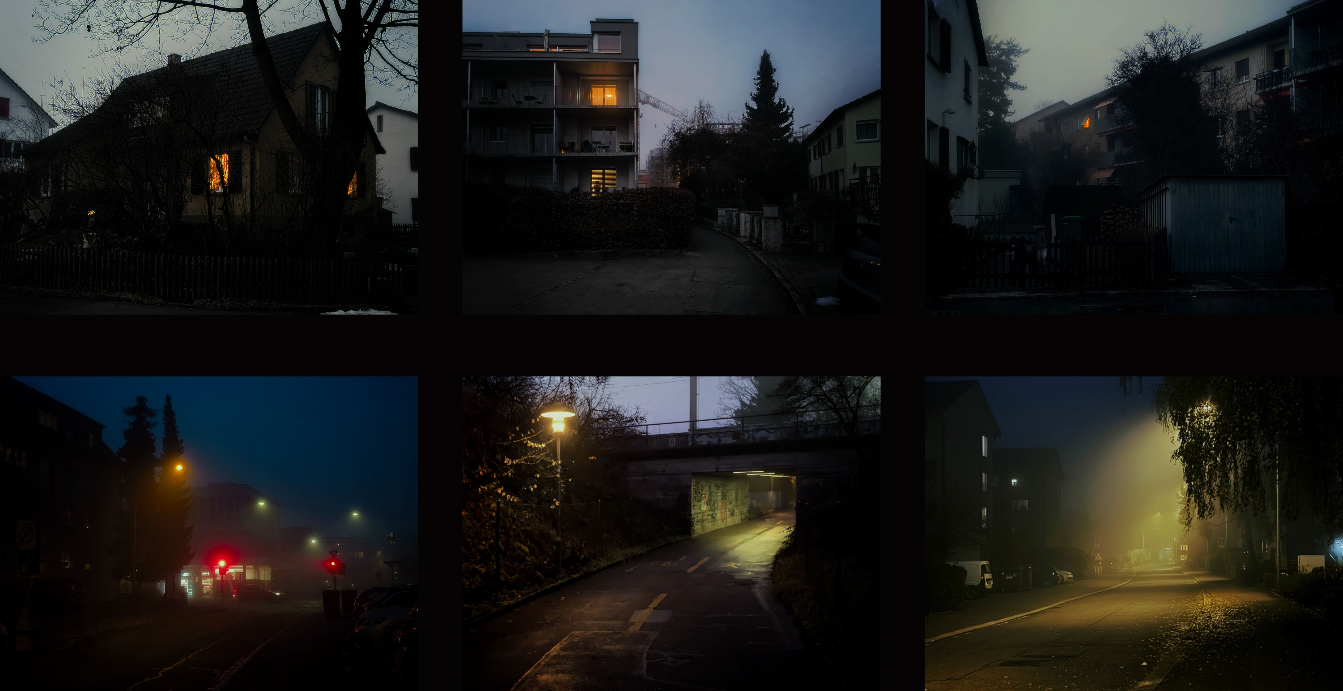 Collage of six foggy night photographs from Unheimliche Plätze.
