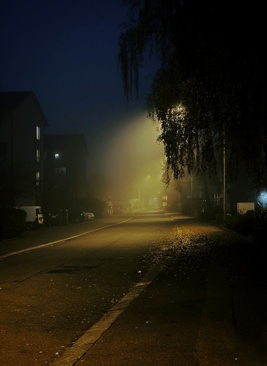 Street disappearing into fog under a lamp.