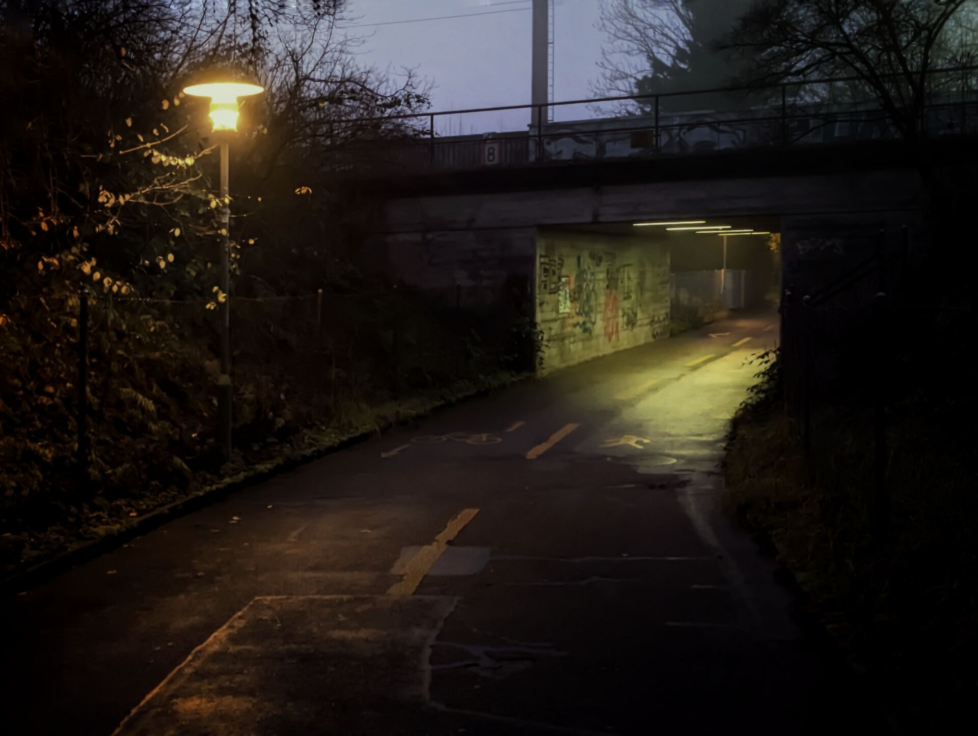 Wet road leading towards an underpass.